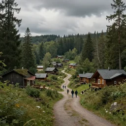 a cabin town surrounded by forest, artstation, people, path, detailed, cloudy, 4 k