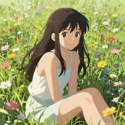 a beautiful girl with long dark hair, sitting in a field of flowers, sunny, daytime, sharp focus, intricate, digital painting, artstation, official media, anime key visual, highly detailed, rich vivid colors, ambient lighting, illustration, art by Artgerm, Makoto Shinkai, Miyazaki Hayao, Ilya Kuvshinov, Lois Van Baarle, and Rossdraws