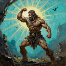 muscular elephant barbarian hunter  full body fighting pose, sun rays , small bird sihouettes  in cyan background , very textured detailed  oil painting by rembrandt , hard backlight , in dark cave