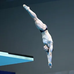 olympic diving springoard, a robot diver is diving head down into a dish of pasta, detailed realistic sport art, artgerm