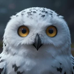 closeup of a snow owls face, in the style of brian froud, digital art, unreal engine, volumetric lighting, dark moody lighting, post apocalyptic, 4 k