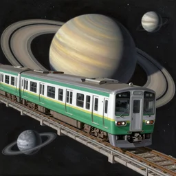 1 0 shinkansens moving through space and saturn can be seen painted by shigeru komatsuzaki