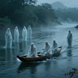 a small boat traveling down the river styx, in the river are ghostly souls of those who have passed