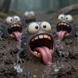 of a dark and muddy landscape with strange cute friendly creatures with huge mouth, eyes, long tongue and square teeth appearing from the wet mud, in the style of antonio berni, macro lens, shallow depth of field, highly detailed, digital painting, trending artstation, concept art, illustration, cinematic lighting, vibrant colors, photorealism, epic, octane render