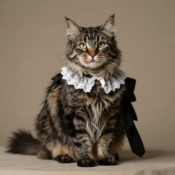 a dark tabby fluffy cat as a biedermeier lady