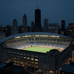 art deco sports stadium on top of a skyscraper, Chicago, dark city, olympics event 1930's, moody lighting, cinematic, Road to Perdition stillframe