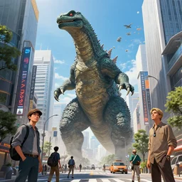 a great kaiju lizard towers over the streets of tokyo in the near future, art by james gurney and marc simonetti and alejandro burdisio and markus vogt, tohoscope, science fiction, hyperrealism