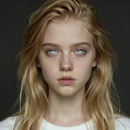 portrait of 1 6 - year - old woman with dirty blonde hair down to her waist, pale eyebrows and protuberant silver eyes, wearing white shirt, hyper realistic face, beautiful eyes, fantasy art, in the style of greg rutkowski, intricate, alphonse mucha, hyper detailed, smooth