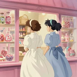 two girls in victorian dress looking around a cute candy shop, light pink color scheme, natural lighting, intricate details, cozy atmosphere, matte painting, illustration, by hayao miyazaki