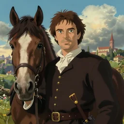 portrait of Vittorio Gassman as Brancaleone da Norcia in the movie L'armata Brancaleone, in a fantasy world with his horse, studio ghibli