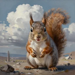 ultra realist soft painting of a cyberpunk squirrel, symmetry accurate features, very intricate details, volumetric clouds, desolated world