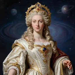 baroque portrait of the powerful empress of the solar system in the style of charlie bowater and in the style of donato giancola. glowing, ornate and intricate linework, sharp focus, depth of field, stunning, dynamic lighting, ultrafine and hyperdetailed.