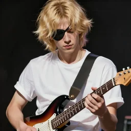 blonde wild hair boy with eye - patch playing fender stratocaster, close - up portrait, plain white tshirt, powerfull, intricate, elegant, volumetric lighting, scenery, digital painting, highly detailed, artstation, sharp focus, illustration, concept art, ruan jia, steve mccurry