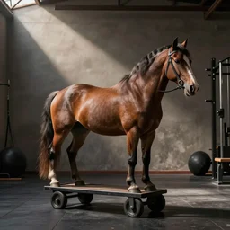 cart horse with big hands in a gym, turning right, standing down