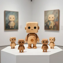 ultra realistic 8k octan photo ,collection wooden art toys on piedestal, very cute robot zen, a on contemporary art gallery