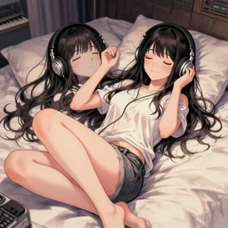 full body portrait of a photorealistic anime girl, absurdly beautiful, gorgeous, youthful, smiling, eyes closed, listening to music on headphones, laying down on a bed, an ultrafine hyperdetailed illustration by wlop, irakli nadar, intricate linework, ambient lighting, musical environment, global illumination, trending on art station.