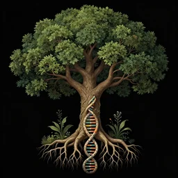 fabulous tree! of wisdom! and knowledge! with roots is human dna!, enchanted botany illustration, dark background, by marianne north, by android jones, digital matte painting, very coherently symmetrical, high contrast