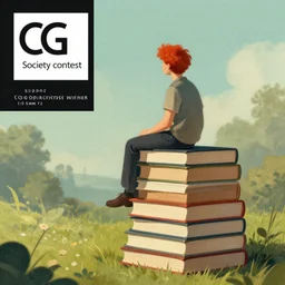 a red - haired man sitting on top of a stack of books, a stock photo by oleg oprisco, cg society contest winner, academic art, extreme long shot, sigma 1 0 5 mm f 2., stockphoto, storybook illustration