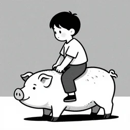 illustration of boy riding pig, black and white, cinestill, 800t, 35mm, full-HD