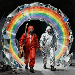 two scientists wearing red and silver hazmat suits carrying guitar and keytar, entering the geometric rainbow crystal dimensional gateway by frank frazetta