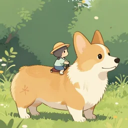 tiny cat girl in small hat riding on the back of a giant corgi by greg rutkowski