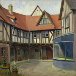 fantastical old half - timber courtyard, grant wood, pj crook, edward hopper, oil on canvas