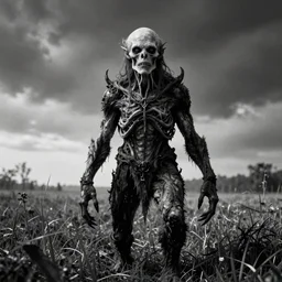 a lovecraftian monster in a field, a high contrast hyper detailed black and white studio portrait photo, shot in area x from the movie annihilation, by beau brashares, pinhole photography