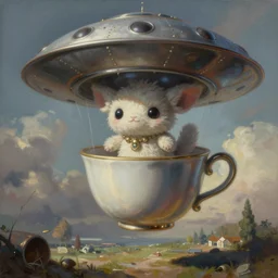 hyperrealist painting chibi cute creature flying in a teacup flying saucer, heavy metal comic airbrush