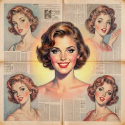 a handmade collage painting with newspapers of a girl from 1 9 8 0 s, high detailed, retro style painting, retro pastel colored palette, grain and texture, dancing heads, illustration, russian style drawing, symetrical, in the middle, looking to camera, high shoulders, gradient lighting at the back, sharp teeth, red paint stains, extremely elegant drawing, looking straight, lens correction, sharp focus, 8 k