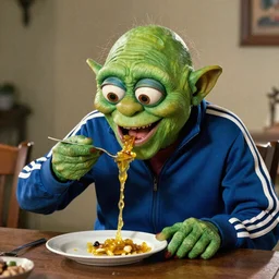 Gollum in adidas tracksuit eating slop