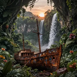 a rusty shipwreck at the bottom of a prehistoric jungle cave, lush flora, waterfall, mountains, flowers, vines, sunset, hazy, volumetric lighting, rtx on, washed out dark colors, an award - winning digital render, beautiful, stunning, ultradetailed, great composition ( by kim jung gi ) ( by george morikawa ) ( by kentaro miura ) ( by ei