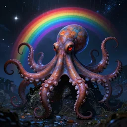 rainbow cosmic octopus in the style of junji ito, dark fantasy