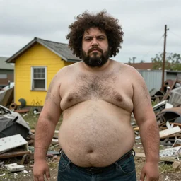 A Morbidly obese, hairy man with an afro and goatee guarding a junkyard with a small yellow house