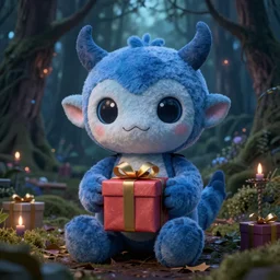 demonic blue'snappy gifts'human - sized plush doll, in magical forest, holding gift, dark atmosphere, high detail, soft lighting, 8 k