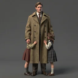 hyper - detailed accurate rendered 1 9 5 0 s retro a tall overcoat worn by two kids hiding inside the overcoat pretending to be an adult man. by jean - baptiste monge