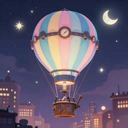 a beautiful stunning fantasy whimsical matte digital illustration of a hot - air balloon powered by magic over a lit city at night by marc simonetti, pastel color palette, disney magic the gathering steampunk, chiaroscuro magical bokeh moon stars, trending on artstation hq, masterpiece