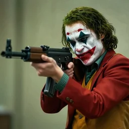 cinematic shot of the joker angrily shooting a black ak 4 7 rifle in front of a popeyes restaurant, 8 k, very detailed, very intricate, action,