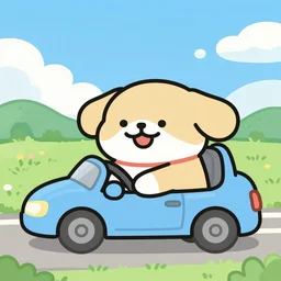 smiling cartoon dog driving a car through a beautiful landscape on a sunny day