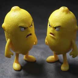 in this photo, we see two lemon characters engaged in a heated discussion. the angle of the photo is from above, and we can see the intense expressions on their faces. the lighting is harsh and creates strong shadows, giving the photo a sinister feel.