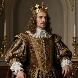 gentleman in a costume and crown royal power, court politics, baroque aesthetics, highly detailed, medieval made by rembrandt