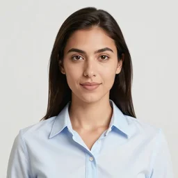 a frontal studio headshot photograph of a beautiful latin woman in her mid 2 0's wearing a button down shirt with tropical floral print shirt, large hoop earrings. yellow backdrop. a simple red paper origami parrot sitting on her shoulder.