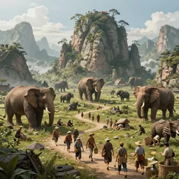an intricate concept illustration, fantasy, asian farmers, megafauna, large biomes, ultra photorealistic, ultra sharp, artstation, cgsociety, masterpiece, octane render, by wylop, 8 k
