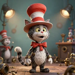 complex 3 d render, hyper detailed, ultra sharp, cat in the hat, scary, cute, cinematic, steampunk, natural soft light, rim light, octane render, artstation, art by artgerm and greg rutkowski and alberto seveso, dr seuss