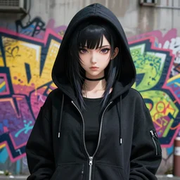 cyberpunk anime girl in hoodie, grafity, realistic face, beautiful face, grafity, arcane, action, tokyo street, detail, good face, pose model, concept art, in style of yoji shinkawa, pan ren wei, col price, atey ghailan, by greg rutkowski, aesthetic
