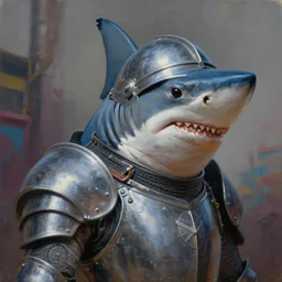 greg manchess oil matte portrait painting, anthropomorphic shark wearing knight armor shoved into his helmet, fantasy, masterpiece, highly detailed, scifi, deep focus, elegant, digital painting, street art, trending artstation, sharp focus, shading, dramatic illumination, ultra realistic, 4 k, art by greg rutkowski wlop rossdraws