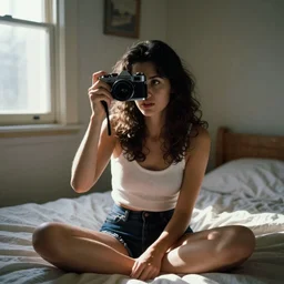 flash photography of a woman in her mid 20\'s sitting in her bedroom. Sunlight coming from the window. Late 90\'s. Color film camera. Cinematic composition