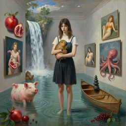 painting of a flooded fontainebleau art gallery, a tall emo girl holding a platypus, paintings on the wall, pomegranates, waterfall, pigs, octopus, canoe, berries, zen, sensual, surrealist, by magritte and monet