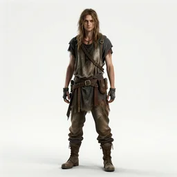 stoic post-apocalyptic wanderer, photorealistic portrait photography, full body, standing, isolated on a pure white background, centered, whole figure in frame, sharp focus, studio lighting