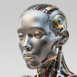 a melancholic realistic 8k Sculpture of a complex robotic human face, liquid simulation, dramatic lighting, silver gold red details, hexagonal mesh wire, filigree intricate details, cinematic, fleshy musculature, white blossoms, elegant, octane render, art nouveau, 8k post-processing, intricate artwork by peter mohrbacher