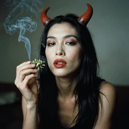 Maggie Cheung smokes weed with a demon, 35mm film still, by Jean Luc-Godard
